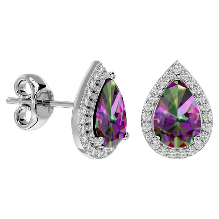 2 1/3 Carat Mystic Topaz and Diamond Pear Shape Stud Earrings In 14 Karat White Gold 