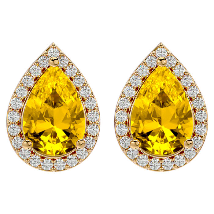 2 1/3 Carat Citrine and Diamond Pear Shape Stud Earrings In 14 Karat Yellow Gold 