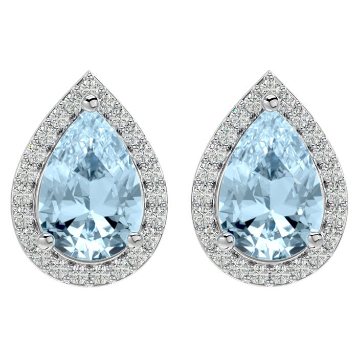 Aquamarine Earrings: Aquamarine Jewelry: 2 1/2 Carat Aquamarine and Diamond Pear Shape Stud Earrings In 14 Karat White Gold 