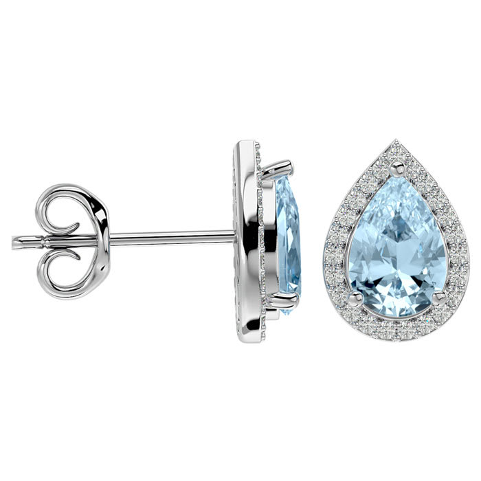 Aquamarine Earrings: Aquamarine Jewelry: 2 1/2 Carat Aquamarine and Diamond Pear Shape Stud Earrings In 14 Karat White Gold 