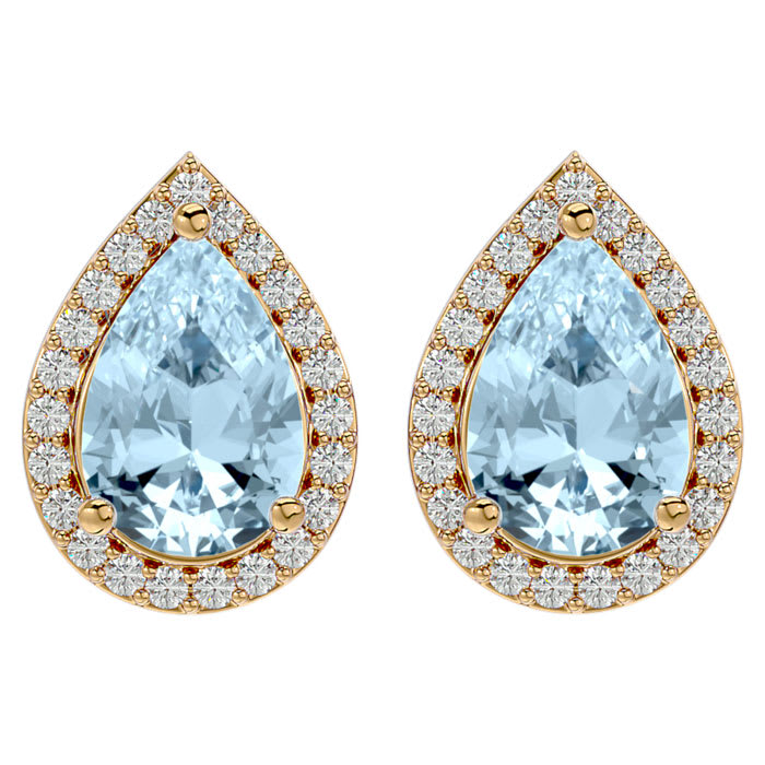 Aquamarine Earrings: Aquamarine Jewelry: 2 1/2 Carat Aquamarine and Diamond Pear Shape Stud Earrings In 14 Karat Yellow Gold 
