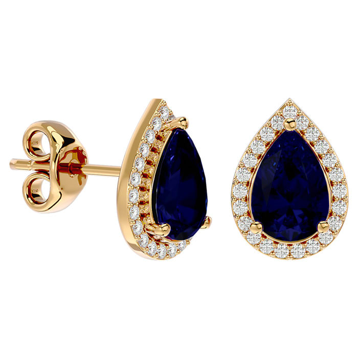 3 1/2 Carat Sapphire and Diamond Pear Shape Stud Earrings In 14 Karat Yellow Gold 