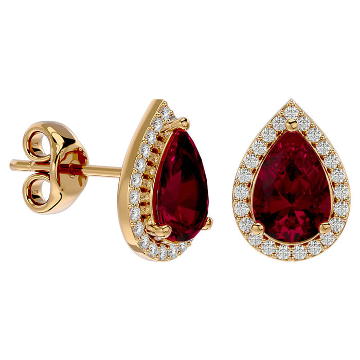 3 1 3 Carat Ruby and Diamond Pear Shape Stud Earrings In 14 Karat Yellow Gold