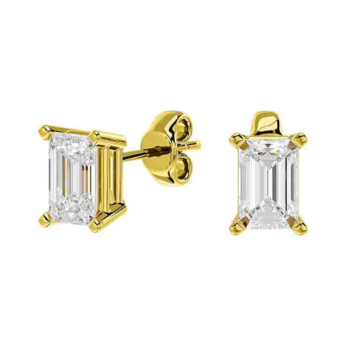 1 Carat Emerald Shape Moissanite Stud Earrings In 14 Karat Yellow Gold