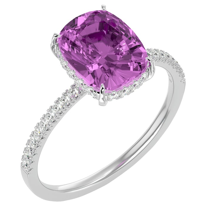 3 3/4 Carat Antique Cushion Shape Pink Topaz and Hidden Halo Diamond Ring In 14 Karat White Gold