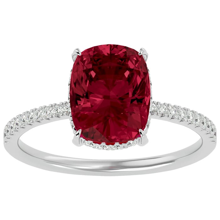 Garnet Ring: Garnet Jewelry: 3 3/4 Carat Antique Cushion Shape Garnet and Hidden Halo Diamond Ring In 14 Karat White Gold