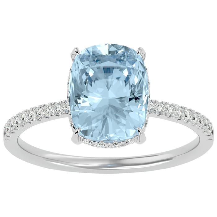 Aquamarine Ring: Aquamarine Jewelry: 3 1/2 Carat Antique Cushion Shape Aquamarine and Hidden Halo Diamond Ring In 14 Karat White Gold