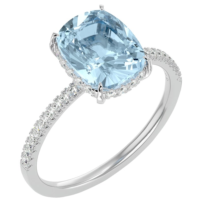 Aquamarine Ring: Aquamarine Jewelry: 3 1/2 Carat Antique Cushion Shape Aquamarine and Hidden Halo Diamond Ring In 14 Karat White Gold