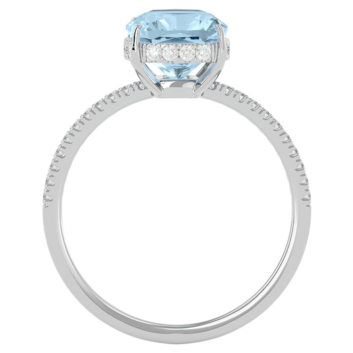 Aquamarine Ring: Aquamarine Jewelry: 3 1/2 Carat Antique Cushion Shape Aquamarine and Hidden Halo Diamond Ring In 14 Karat White Gold