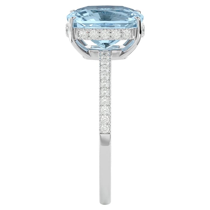 Aquamarine Ring: Aquamarine Jewelry: 3 1/2 Carat Antique Cushion Shape Aquamarine and Hidden Halo Diamond Ring In 14 Karat White Gold
