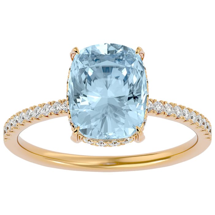 Aquamarine Ring: Aquamarine Jewelry: 3 1/2 Carat Antique Cushion Shape Aquamarine and Hidden Halo Diamond Ring In 14 Karat Yellow Gold