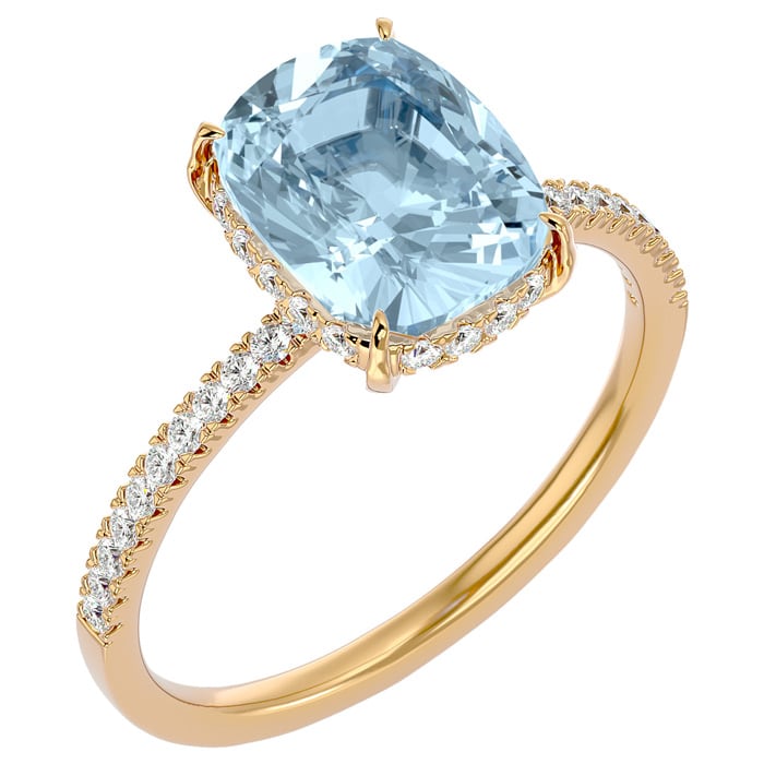Aquamarine Ring: Aquamarine Jewelry: 3 1/2 Carat Antique Cushion Shape Aquamarine and Hidden Halo Diamond Ring In 14 Karat Yellow Gold