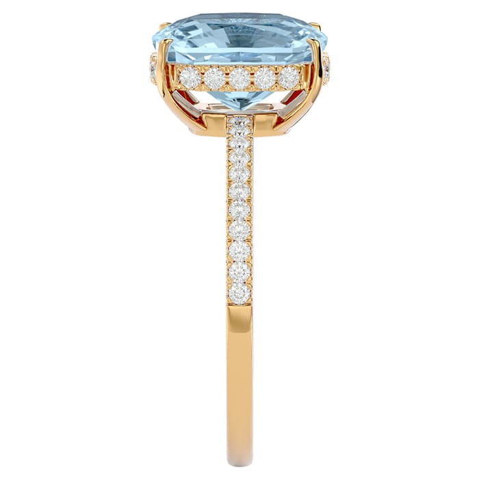 Aquamarine Ring: Aquamarine Jewelry: 3 1/2 Carat Antique Cushion Shape Aquamarine and Hidden Halo Diamond Ring In 14 Karat Yellow Gold