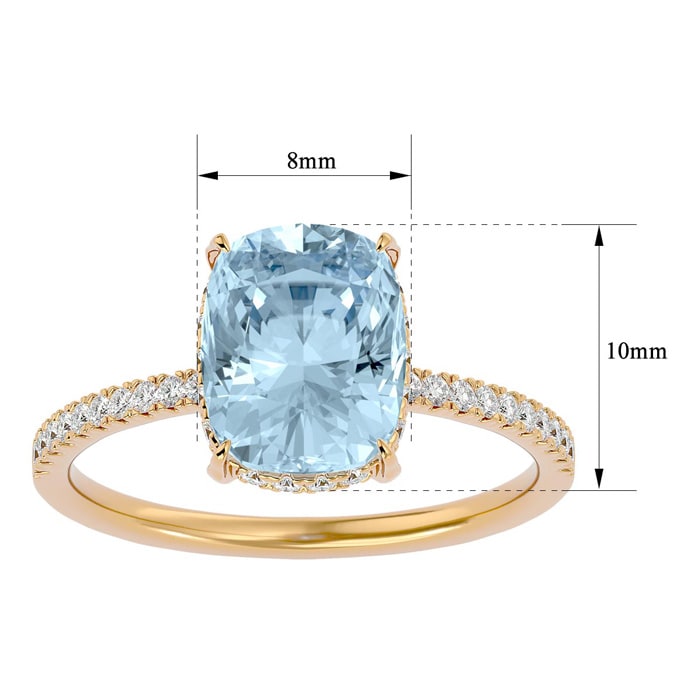 Aquamarine Ring: Aquamarine Jewelry: 3 1/2 Carat Antique Cushion Shape Aquamarine and Hidden Halo Diamond Ring In 14 Karat Yellow Gold