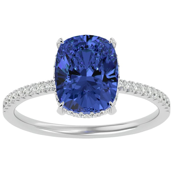 3 3/4 Carat Antique Cushion Shape Tanzanite and Hidden Halo Diamond Ring In 14 Karat White Gold