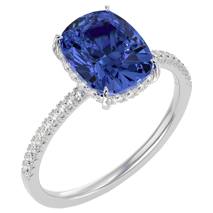3 3/4 Carat Antique Cushion Shape Tanzanite and Hidden Halo Diamond Ring In 14 Karat White Gold