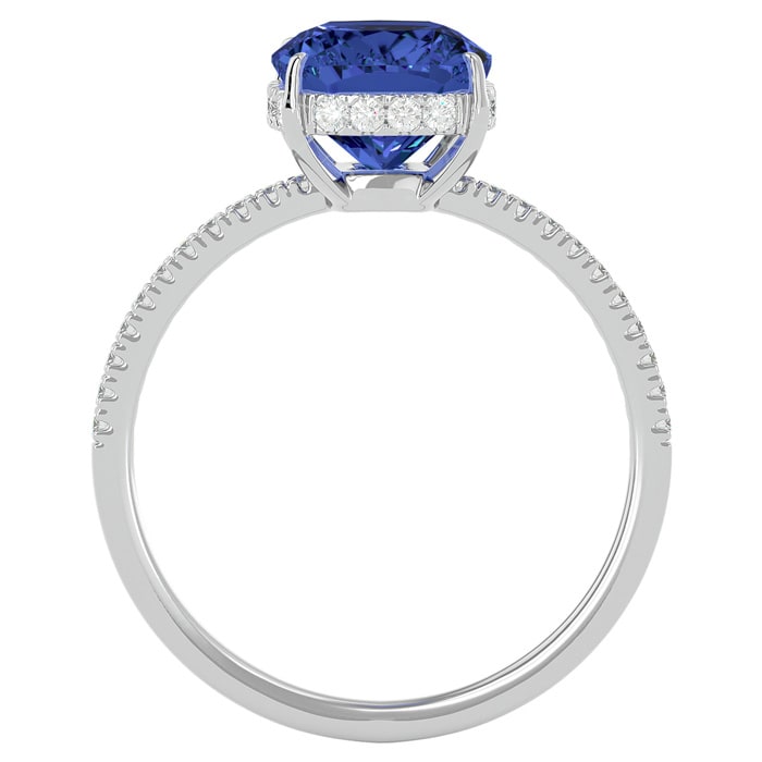 3 3/4 Carat Antique Cushion Shape Tanzanite and Hidden Halo Diamond Ring In 14 Karat White Gold