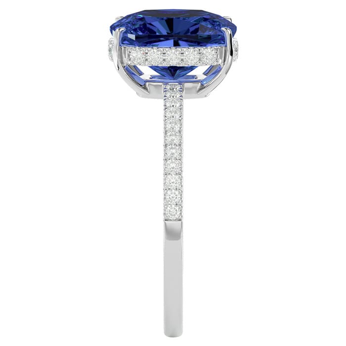 3 3/4 Carat Antique Cushion Shape Tanzanite and Hidden Halo Diamond Ring In 14 Karat White Gold