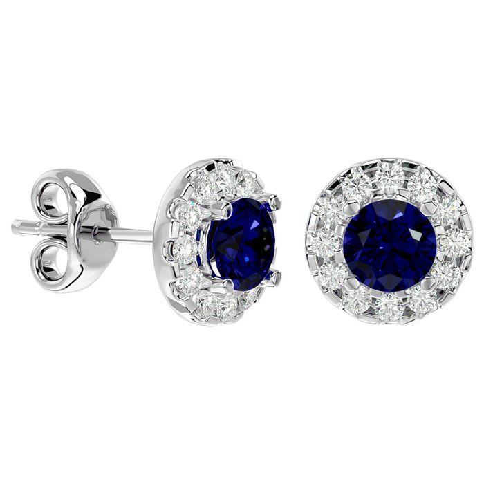 1 Carat Sapphire and Halo Diamond Stud Earrings In 14 Karat White Gold