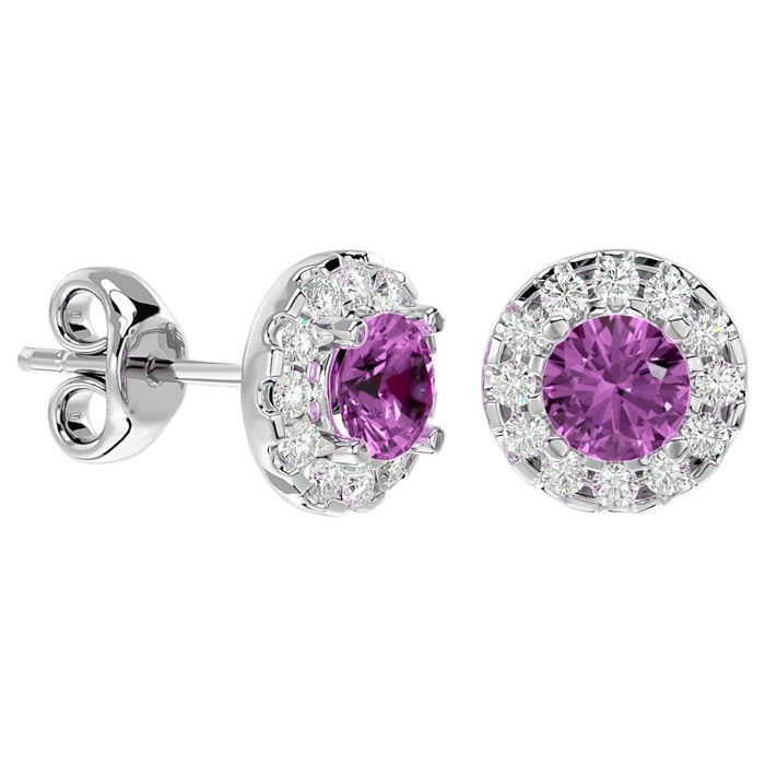 1 Carat Pink Topaz and Halo Diamond Stud Earrings In 14 Karat White Gold