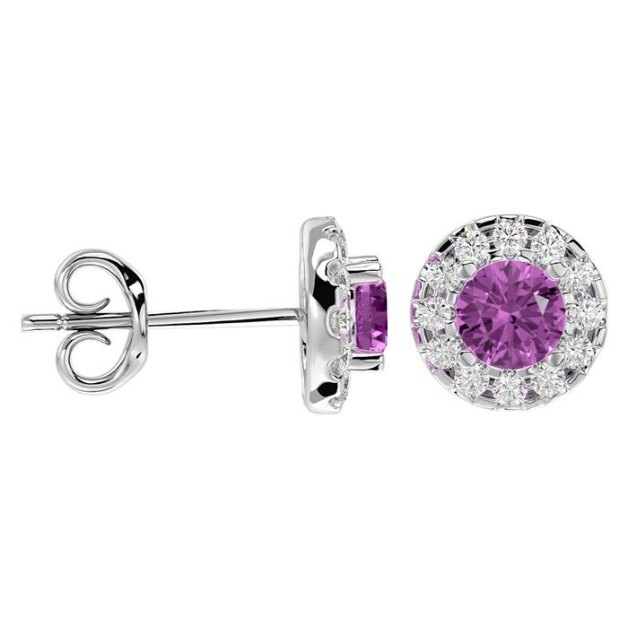 1 Carat Pink Topaz and Halo Diamond Stud Earrings In 14 Karat White Gold