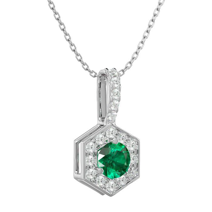 1/2 Carat Round Shape Emerald Necklaces With Hexagon Diamond Halo In 14 Karat White Gold, 18 Inch Chain