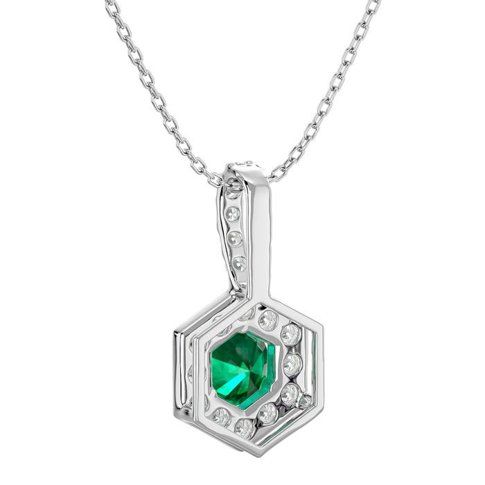 1/2 Carat Round Shape Emerald Necklaces With Hexagon Diamond Halo In 14 Karat White Gold, 18 Inch Chain