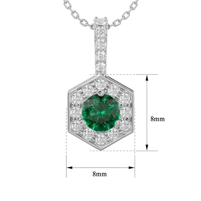 1/2 Carat Round Shape Emerald Necklaces With Hexagon Diamond Halo In 14 Karat White Gold, 18 Inch Chain