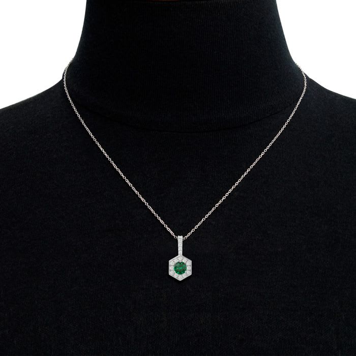 1/2 Carat Round Shape Emerald Necklaces With Hexagon Diamond Halo In 14 Karat White Gold, 18 Inch Chain