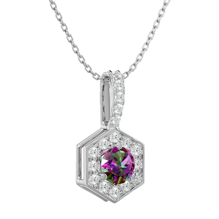 1/2 Carat Mystic Topaz Necklace With Hexagon Diamond Halo In 14 Karat White Gold, 18 Inches