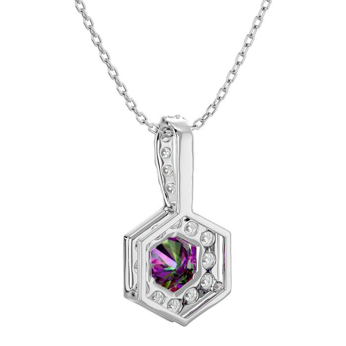 1/2 Carat Mystic Topaz Necklace With Hexagon Diamond Halo In 14 Karat White Gold, 18 Inches