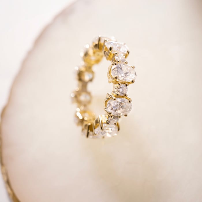 3 3/4 Carat Oval and Round Diamond Eternity Ring In 14 Karat Yellow Gold, Ring Size 8.5