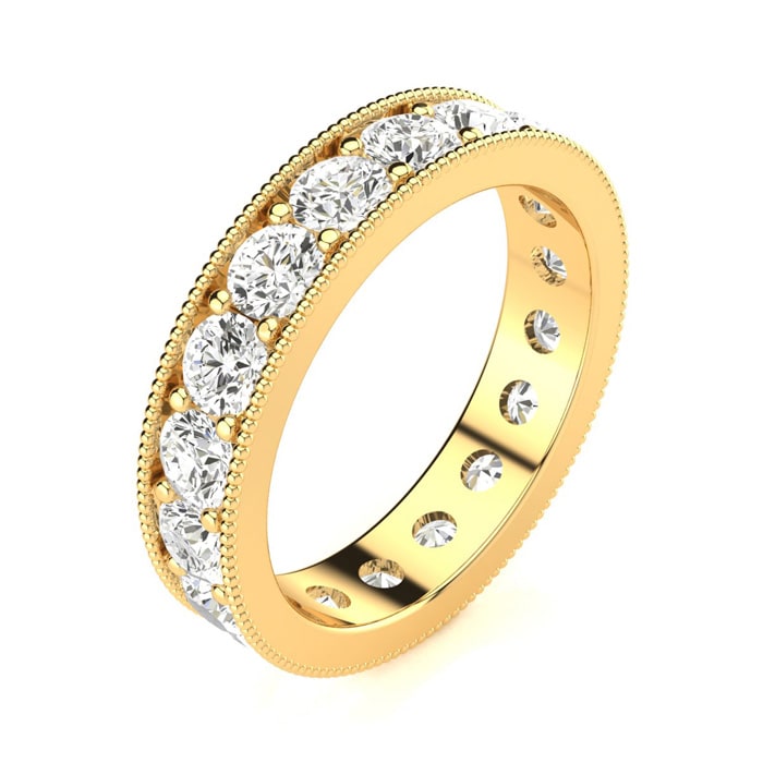2 1/5 Carat Round Moissanite Milgrain Eternity Ring In 14 Karat Yellow Gold, Ring Size 8.5