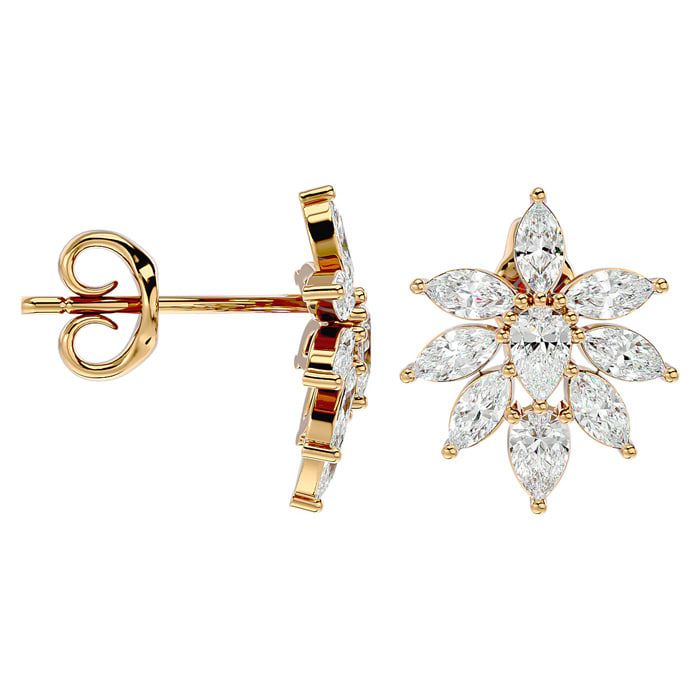 Diamond Drop Earrings: 2 Carat Fancy Diamond Cluster Stud Earrings In 14 Karat Yellow Gold