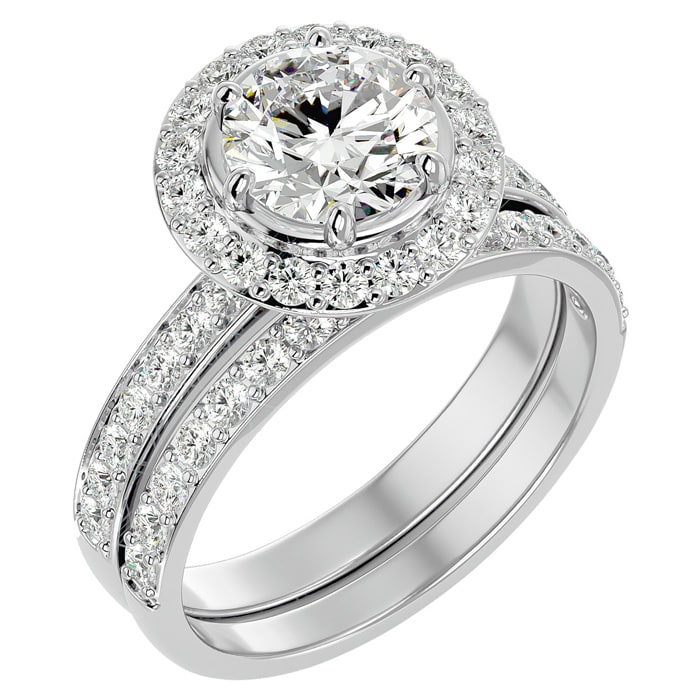 2 1/2 Carat Moissanite Halo Bridal Set In 14 Karat White Gold With 1 1/2 Carat Center Moissanite