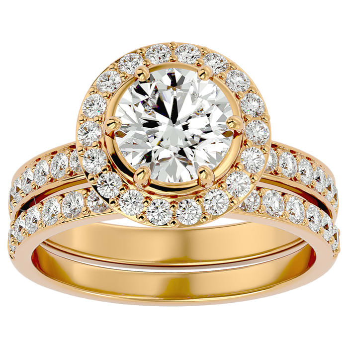 2 1/2 Carat Moissanite Halo Bridal Set In 14 Karat Yellow Gold With 1 1/2 Carat Center Moissanite