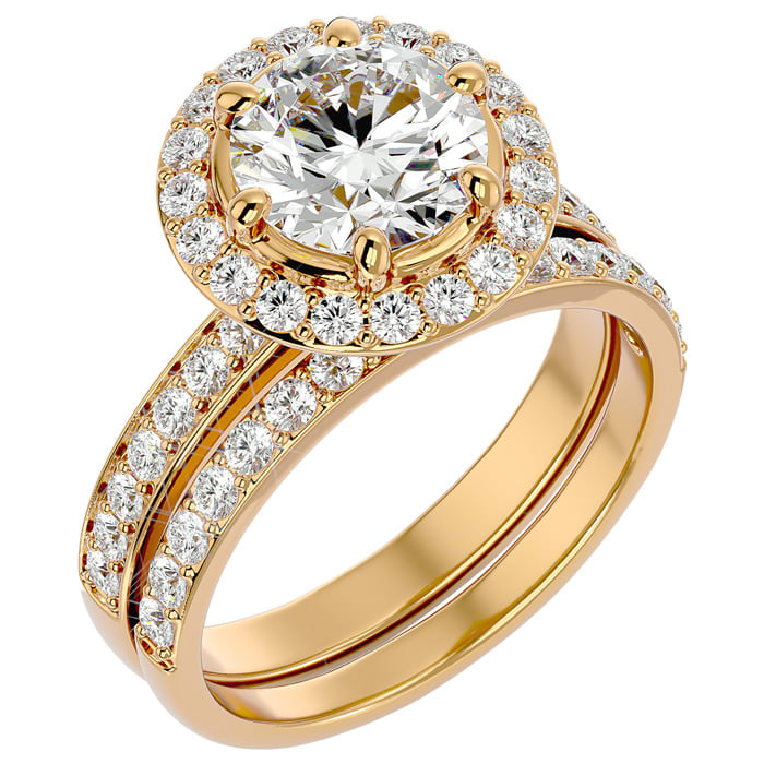 3 Carat Moissanite Halo Bridal Set In 14 Karat Yellow Gold With 2 Carat Center Moissanite