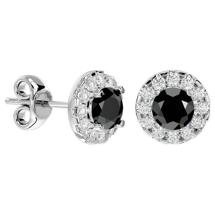 1 Carat Black Diamond and Halo Diamond Stud Earrings In 14 Karat White Gold