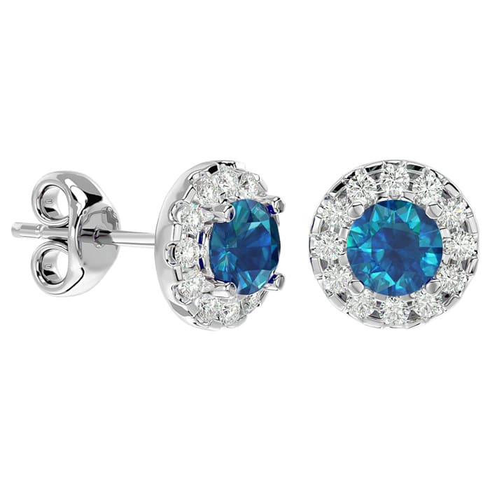 1 Carat Blue Diamond and Halo Diamond Stud Earrings In 14 Karat White Gold