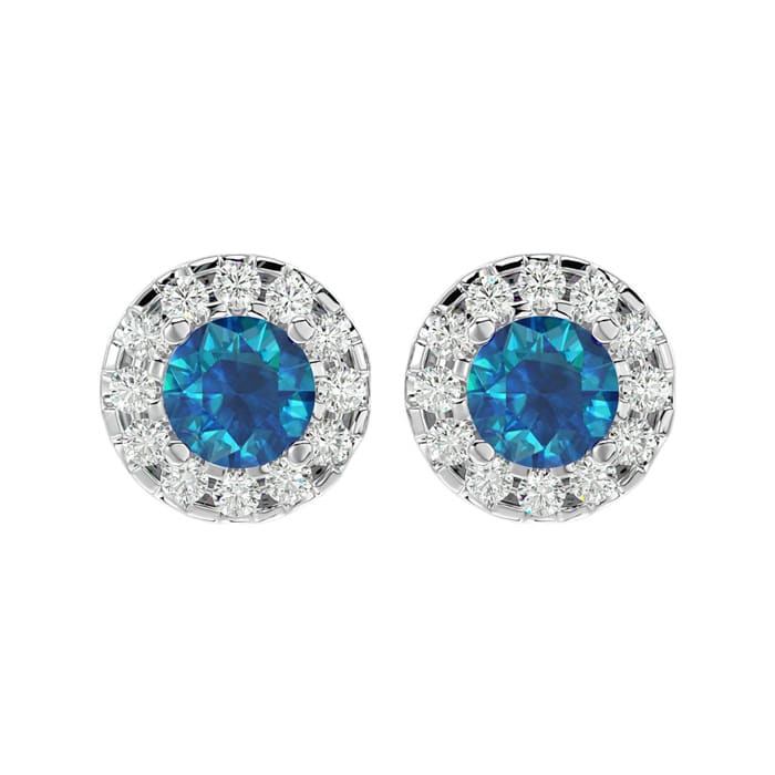 1 Carat Blue Diamond and Halo Diamond Stud Earrings In 14 Karat White Gold