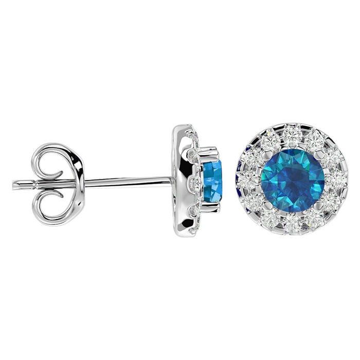 1 Carat Blue Diamond and Halo Diamond Stud Earrings In 14 Karat White Gold