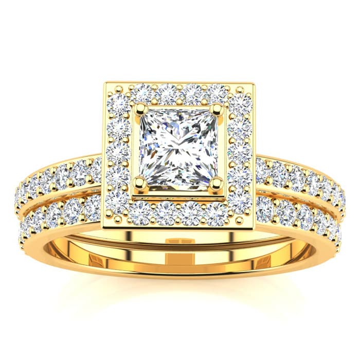 1 Carat Princess Cut Pave Halo Diamond Bridal Set in 14k Yellow Gold