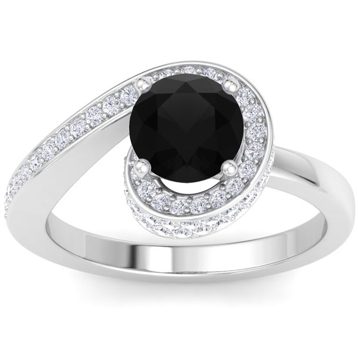 Modern Asymmetrical Round Brilliant 2 Carat Black Diamond Engagement Ring In 14K White Gold