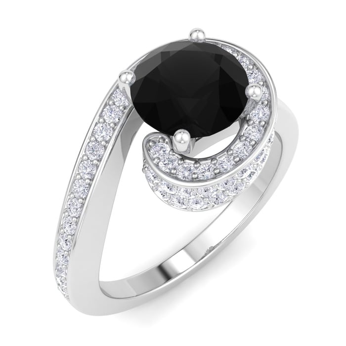 Modern Asymmetrical Round Brilliant 2 Carat Black Diamond Engagement Ring In 14K White Gold