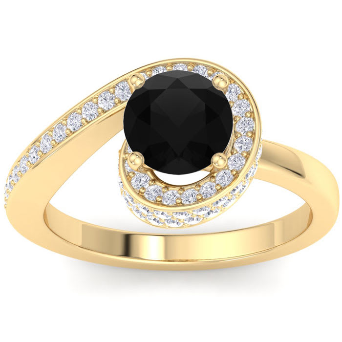 Modern Asymmetrical Round Brilliant 2 Carat Black Diamond Engagement Ring In 14K Yellow Gold