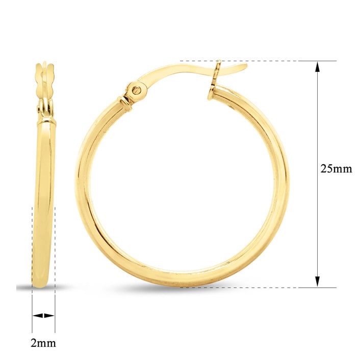 25MM Classic Hoop Earrings In 14 Karat Yellow Gold Over Sterling Silver.  Perfect 1 Inch Size For Every Day!