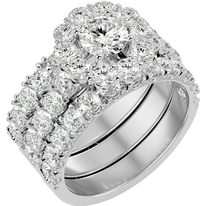 4 1/4 Carat Round Shape Diamond Bridal Set With Two Bands In 14 Karat White Gold