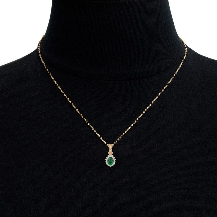 1 Carat Oval Shape Emerald Necklaces With Diamond Halo In 14 Karat Yellow Gold, 18 Inch Chain