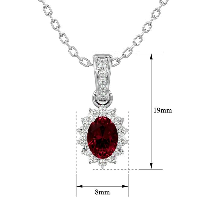 Garnet Necklace: Garnet Jewelry: 1 1/3 Carat Oval Shape Garnet and Diamond Necklace In 14 Karat White Gold, 18 Inches