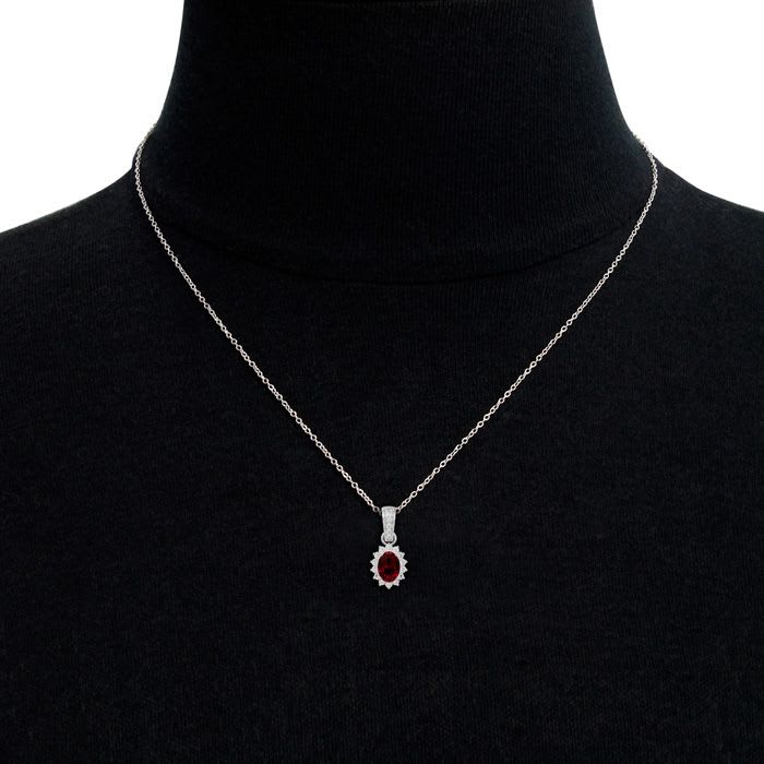 Garnet Necklace: Garnet Jewelry: 1 1/3 Carat Oval Shape Garnet and Diamond Necklace In 14 Karat White Gold, 18 Inches